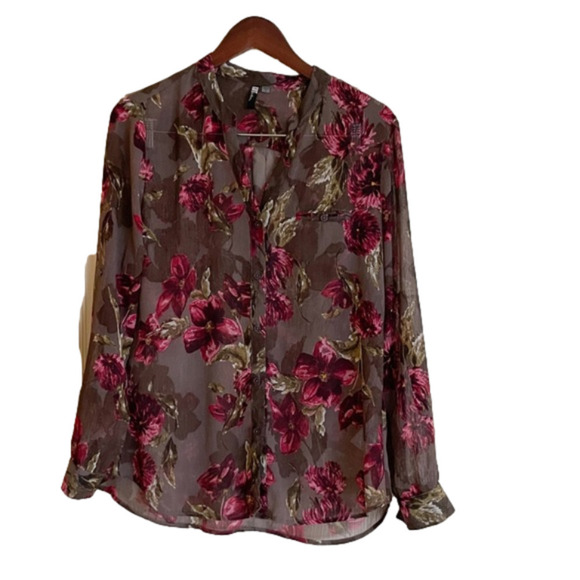 Kut From The Cloth Sheer‎ Button Up V-Neck. Brown with floral pattern, Size M​ - Picture 1 of 11